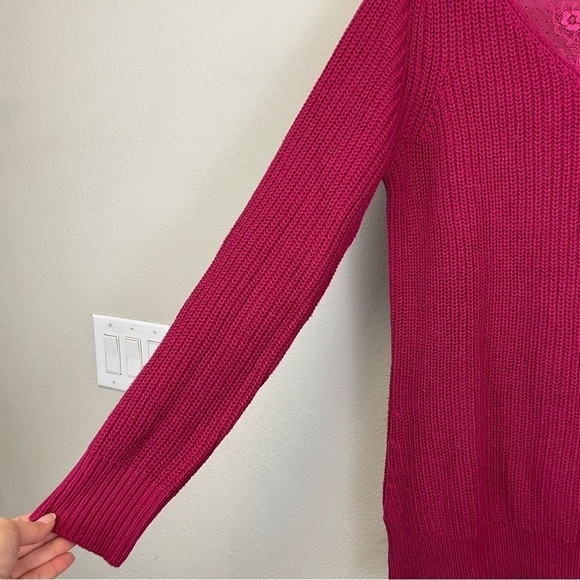 Sundance Magenta Pink V Neck Lace Trim Cotton Blend Pullover Sweater Small - Picture 6 of 9